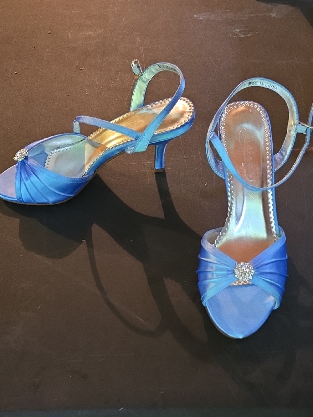 Blue Satin Open-Toe Heeled Sandals with Rhinestone Accent